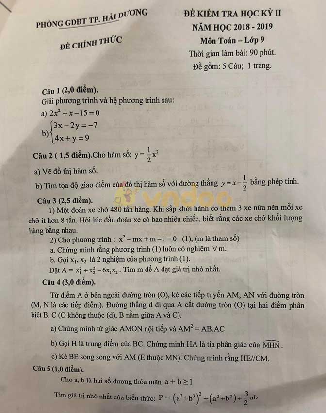 Đề thi học kì 2 lớp 9 môn Toán Phòng GD&ĐT TP Hải Dương năm học 2018 - 2019
