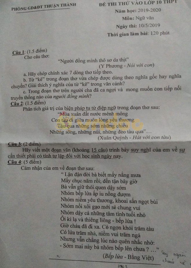 Đề thi thử vào lớp 10 môn Ngữ văn Phòng GD&ĐT Thuận Thành năm học 2019 - 2020