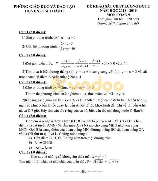 Đề thi KSCL lớp 9 môn Toán Phòng GD&ĐT huyện Kim Thành năm học 2018 - 2019