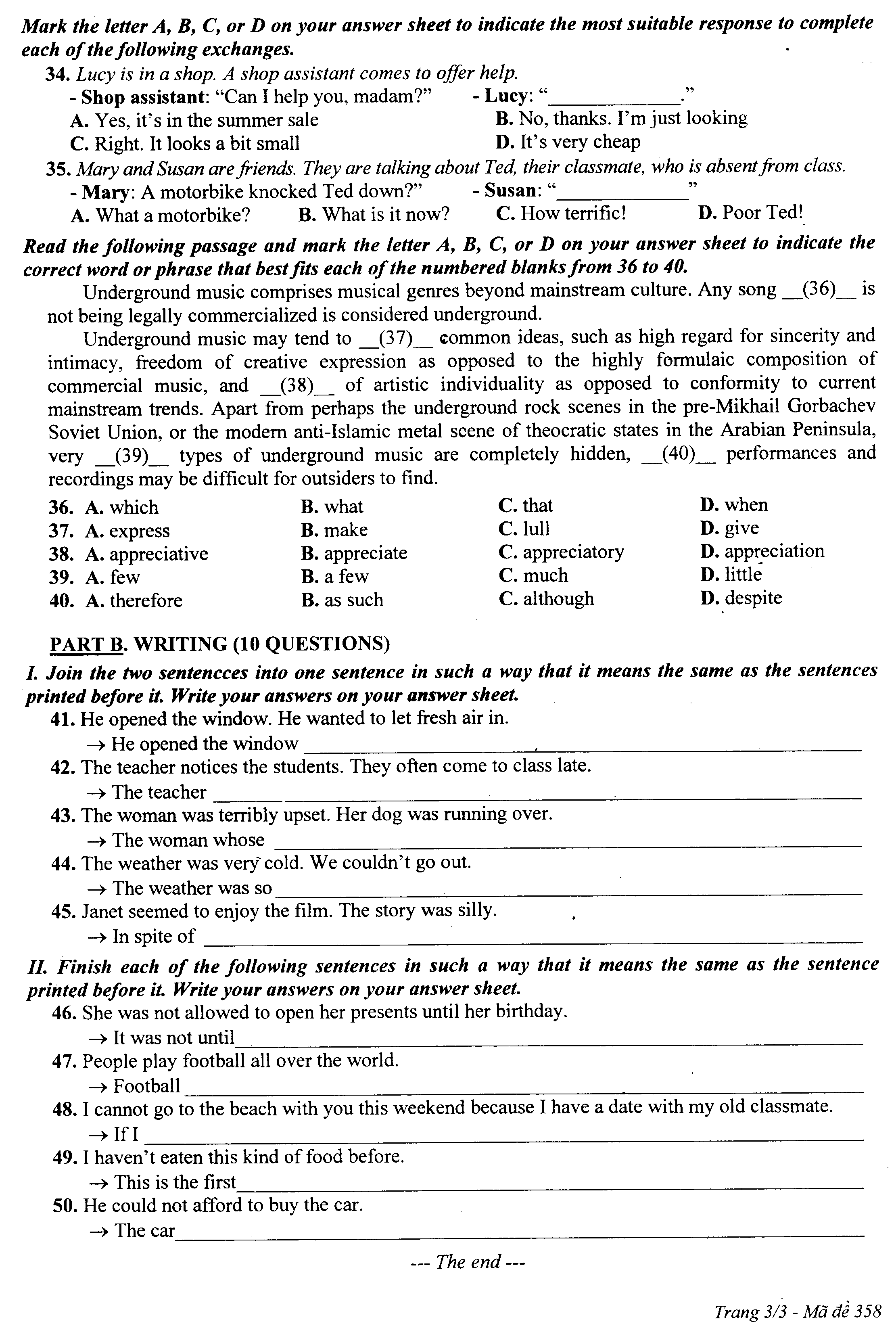 Đề thi học kì 2 lớp 10 môn Tiếng Anh