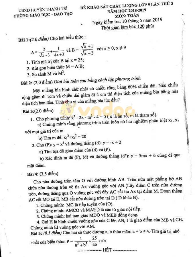Đề thi KSCL lớp 9 môn Toán Phòng GD&ĐT huyện Thanh Trì năm học 2018 - 2019 (lần 3)