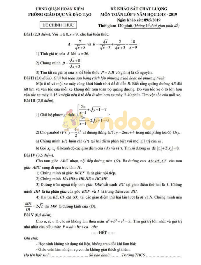 Đề thi KSCL lớp 9 môn Toán Phòng GD&ĐT quận Hoàn Kiếm năm học 2018 - 2019