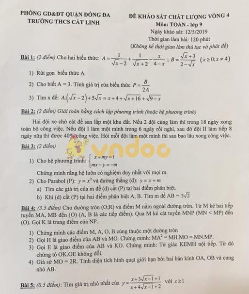 Đề thi KSCL lớp 9 môn Toán trường THCS Cát Linh, Đống Đa năm học 2018 - 2019 (vòng 4)
