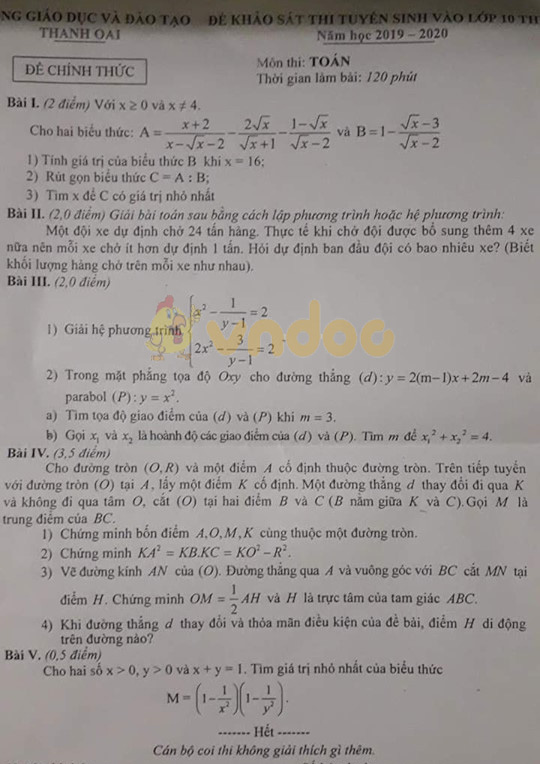 Đề thi thử vào lớp 10 môn Toán Phòng GD&ĐT Thanh Oai năm học 2019 - 2020