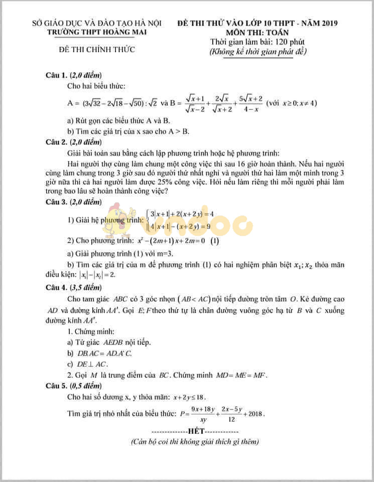 Đề thi thử vào lớp 10 môn Toán trường THPT Hoàng Mai, Hà Nội năm học 2019 - 2020
