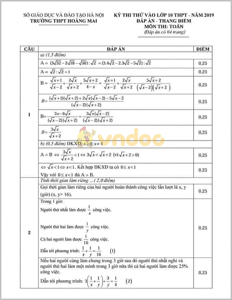 Đề thi thử vào lớp 10 môn Toán trường THPT Hoàng Mai, Hà Nội năm học 2019 - 2020