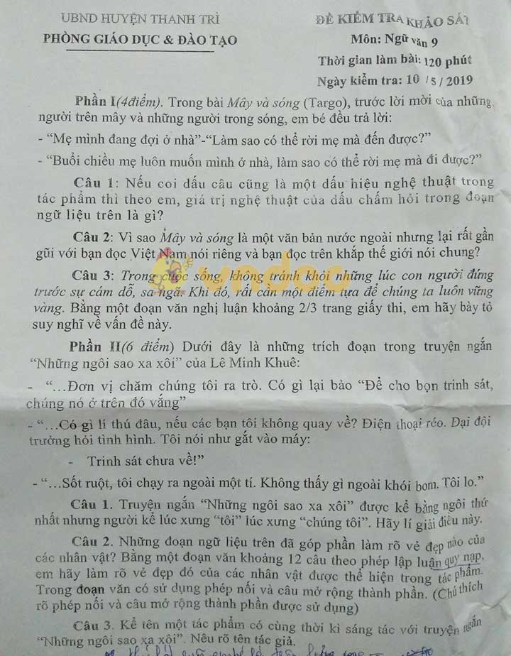 Đề thi học kì 2 lớp 9 môn Ngữ văn Phòng GD&ĐT huyện Thanh Trì năm học 2018 - 2019