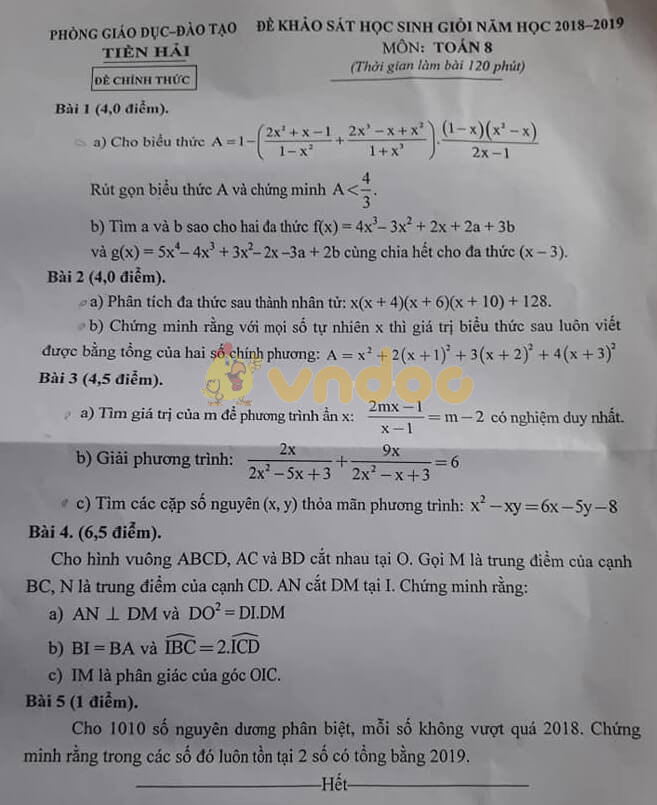 Đề thi khảo sát học sinh giỏi lớp 8 môn Toán Phòng GD&ĐT Tiền Hải năm học 2018 - 2019