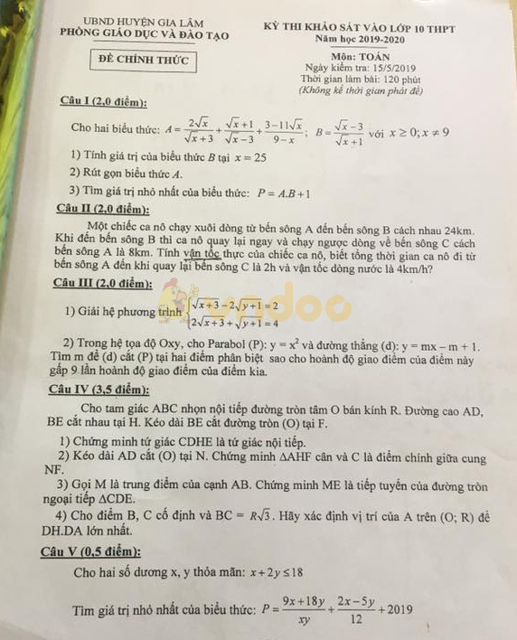 Đề thi thử vào lớp 10 môn Toán Phòng GD&ĐT huyện Gia Lâm năm học 2019 - 2020