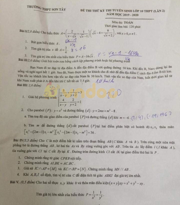 Đề thi thử vào lớp 10 môn Toán trường THPT Sơn Tây năm học 2019 - 2020 (lần 2)