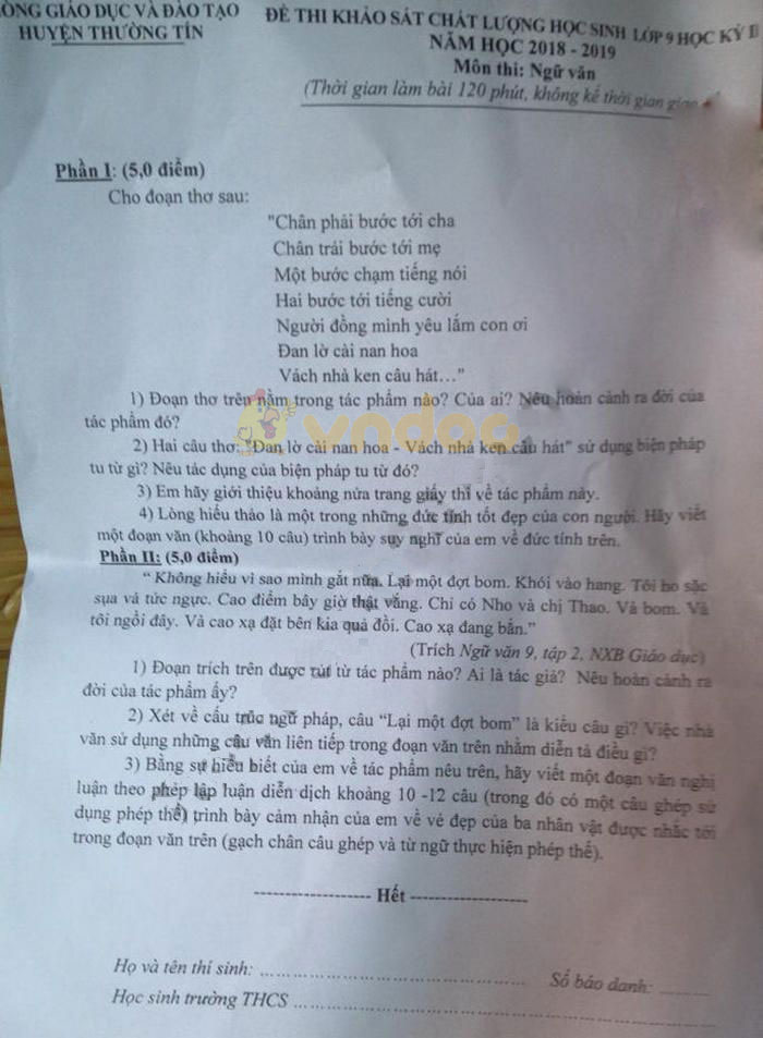 Đề thi học kì 2 lớp 9 môn Ngữ văn Phòng GD&ĐT huyện Thường Tín năm học 2018 - 2019