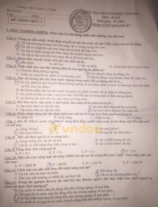 Đề thi học kì 2 lớp 8 môn Vật lý trường THCS Quản Cơ Thành năm học 2018 - 2019