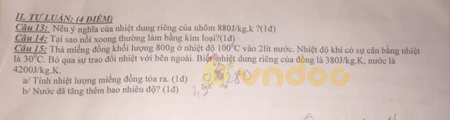 Đề thi học kì 2 lớp 8 môn Vật lý trường THCS Quản Cơ Thành năm học 2018 - 2019