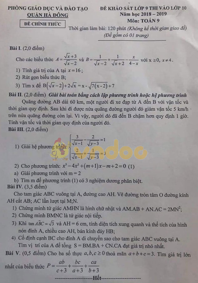 Đề thi KSCL lớp 9 môn Toán Phòng GD&ĐT quận Hà Đông năm học 2018 - 2019