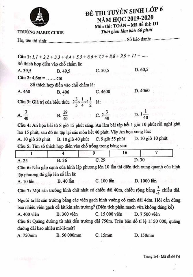 Đề thi vào lớp 6 môn Toán