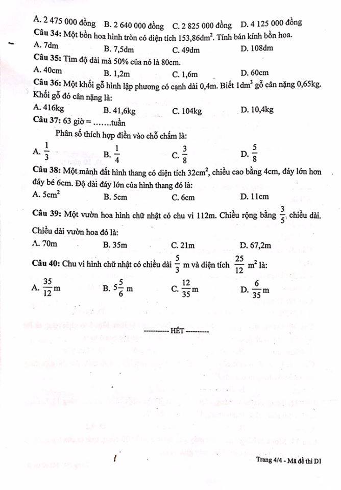 Đề thi vào lớp 6 môn Toán