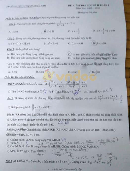 Đề thi học kì 2 lớp 8 môn Toán trường THCS Thanh Xuân Nam năm học 2018 - 2019