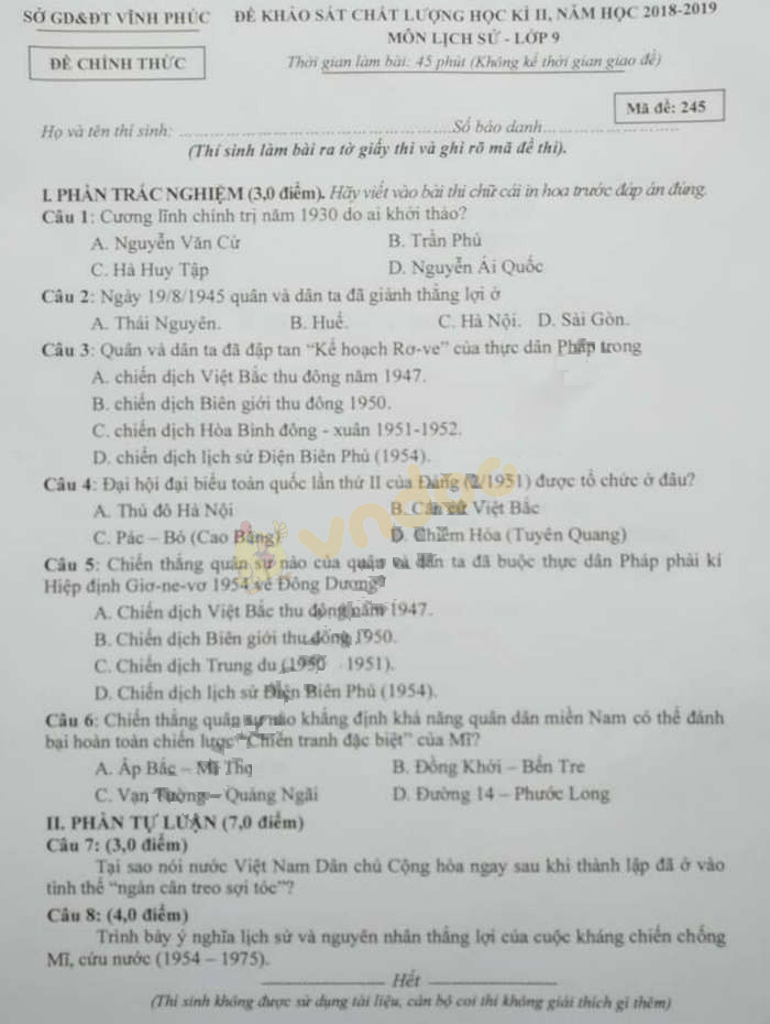 Đề thi học kì 2 lớp 9 môn Lịch sử Sở GD&ĐT Vĩnh Phúc năm học 2018 - 2019