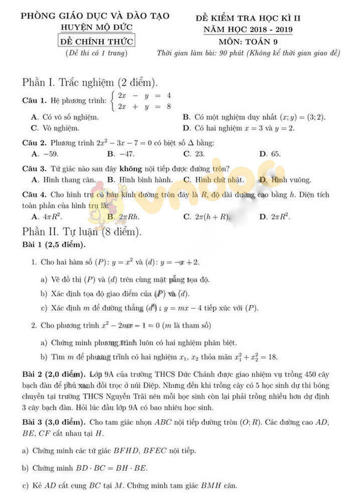 Đề thi học kì 2 lớp 9 môn Toán Phòng GD&ĐT huyện Mộ Đức năm học 2018 - 2019
