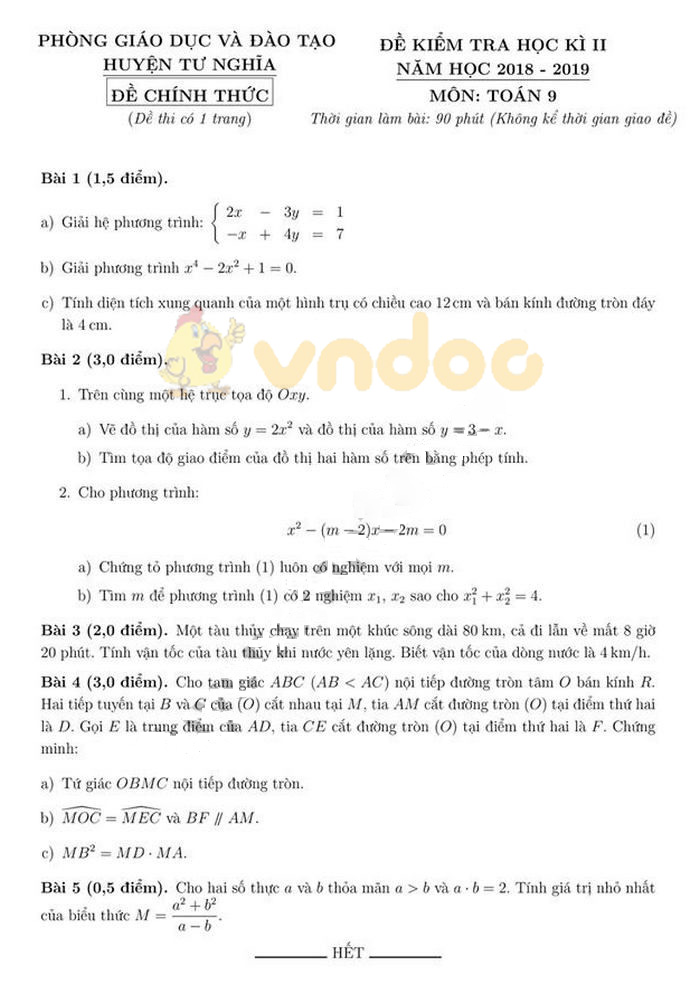 Đề thi học kì 2 lớp 9 môn Toán Phòng GD&ĐT huyện Tư Nghĩa năm học 2018 - 2019