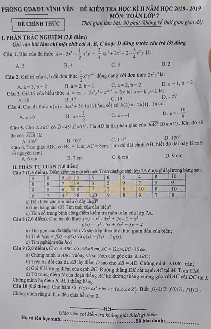 Đề thi học kì 2 lớp 7 môn Toán Phòng GD&ĐT Vĩnh Yên năm học 2018 - 2019