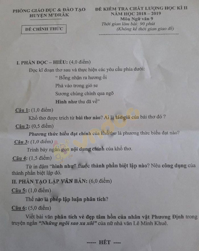 Đề thi học kì 2 lớp 9 môn Ngữ văn Phòng GD&ĐT huyện M’Drăk năm học 2018 - 2019