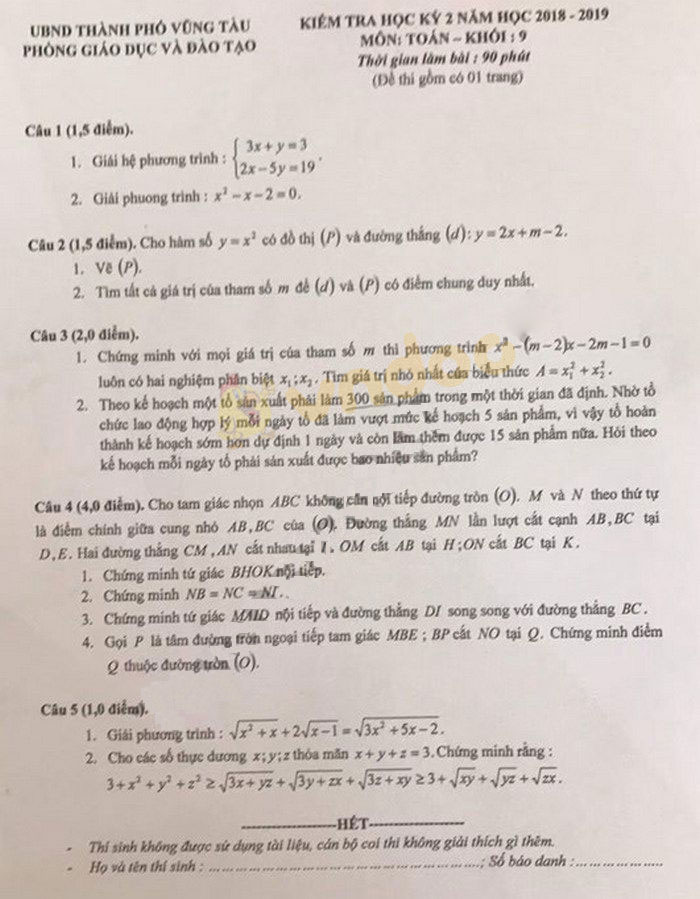 Đề thi học kì 2 lớp 9 môn Toán Phòng GD&ĐT TP Vũng Tàu năm học 2018 - 2019
