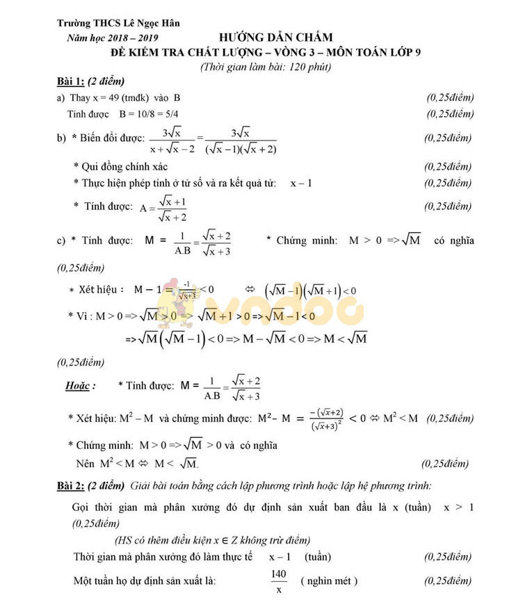 Đề kiểm tra chất lượng lớp 9 môn Toán trường THCS Lê Ngọc Hân năm học 2018 - 2019 (vòng 3)