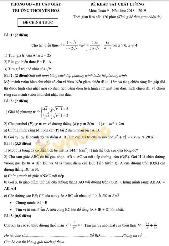 Đề KSCL lớp 9 môn Toán trường THCS Yên Hòa, Cầu Giấy năm học 2018 - 2019