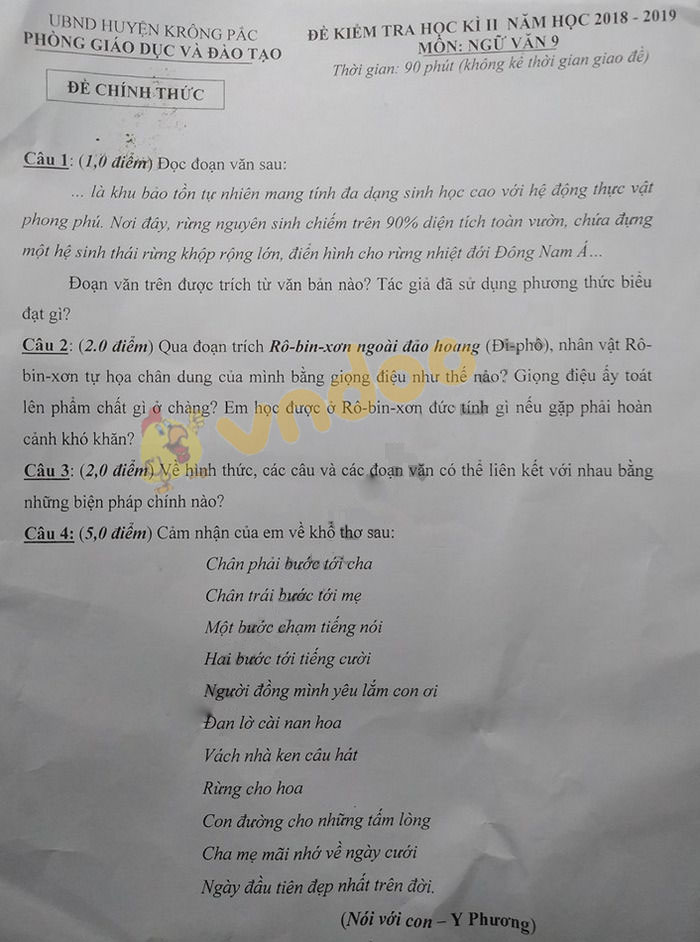 Đề thi học kì 2 lớp 9 môn Ngữ văn Phòng GD&ĐT huyện Krông Pắc năm học 2018 - 2019