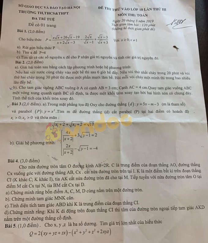 Đề thi thử vào lớp 10 môn Toán trường TH, THCS&THPT Đa Trí Tuệ, Hà Nội năm học 2019 - 2020