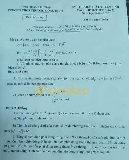 Đề thi thử vào lớp 10 môn Toán trường THCS Trương Công Định, Lê Chân năm học 2019 - 2020