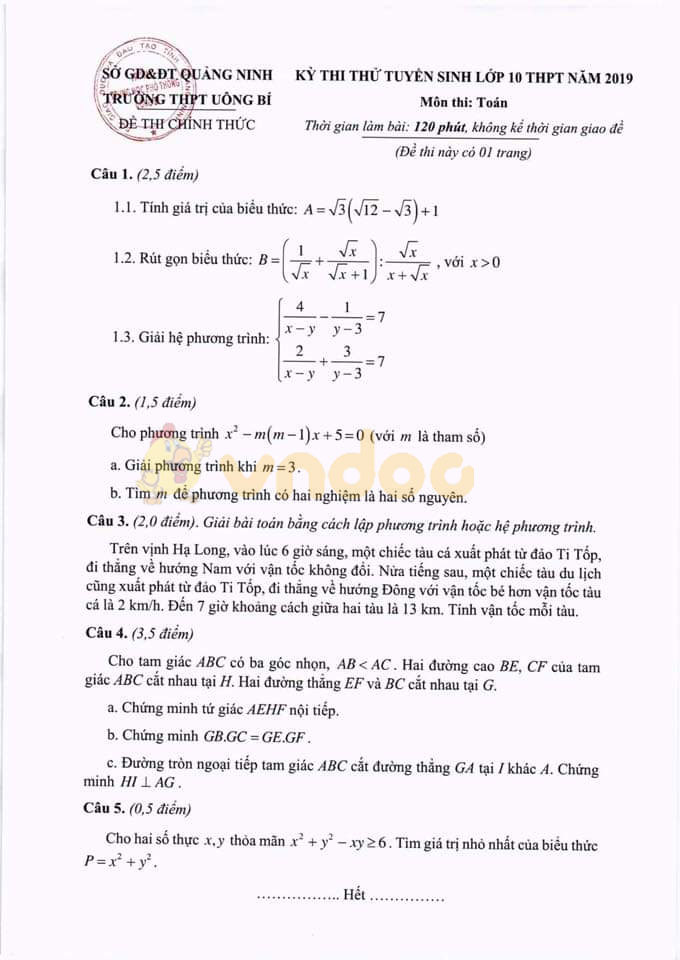 Đề thi thử vào lớp 10 môn Toán trường THPT Uông Bí, Quảng Ninh năm học 2019 - 2020