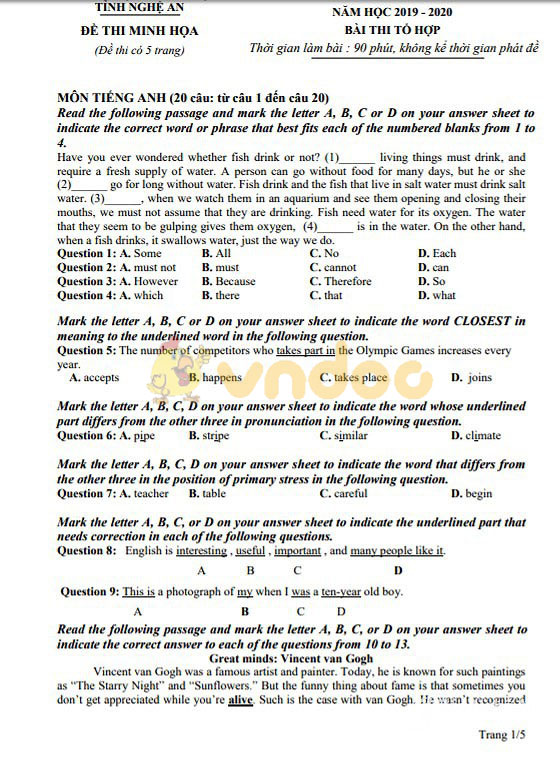 Đề thi minh họa vào lớp 10 môn thi Tổ hợp Sở GD&ĐT Nghệ an năm học 2019 - 2020