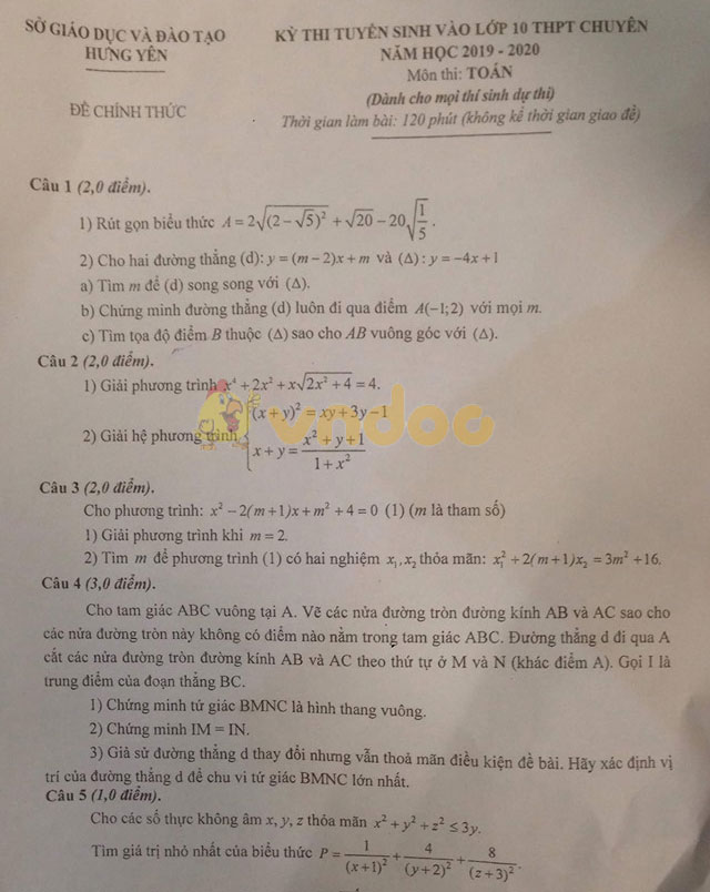 Đề thi tuyển sinh vào lớp 10 THPT Chuyên môn Toán Sở GD&ĐT Hưng Yên năm học 2019 - 2020