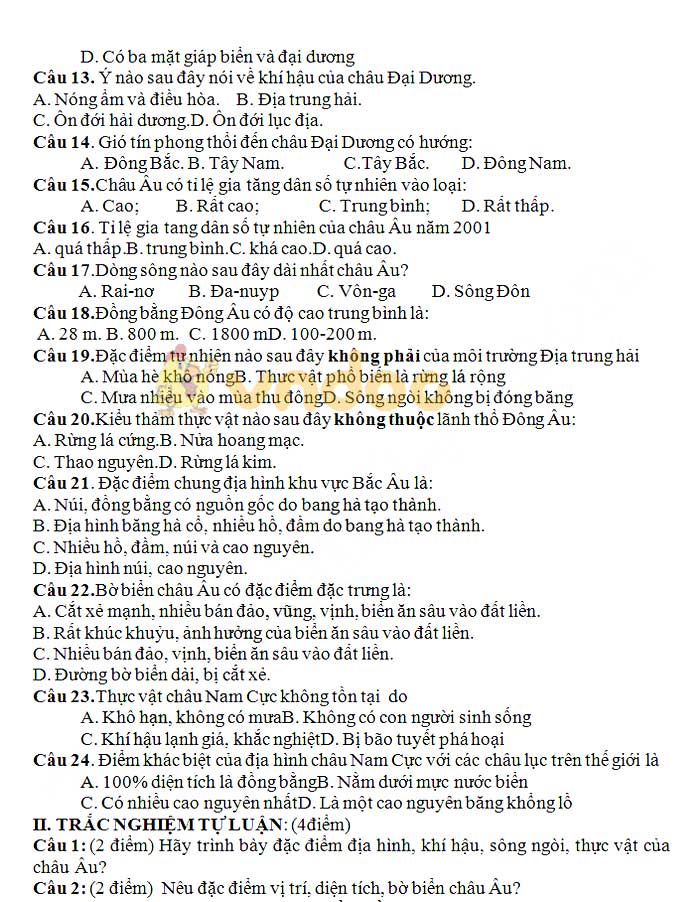 Đề thi học kì 2 lớp 7 môn Địa lý trường THCS Ba Lòng năm học 2018 - 2019