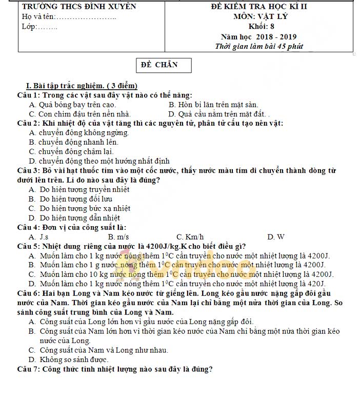 Đề thi học kì 2 lớp 8 môn Vật lý trường THCS Đình Xuyên năm học 2018 - 2019
