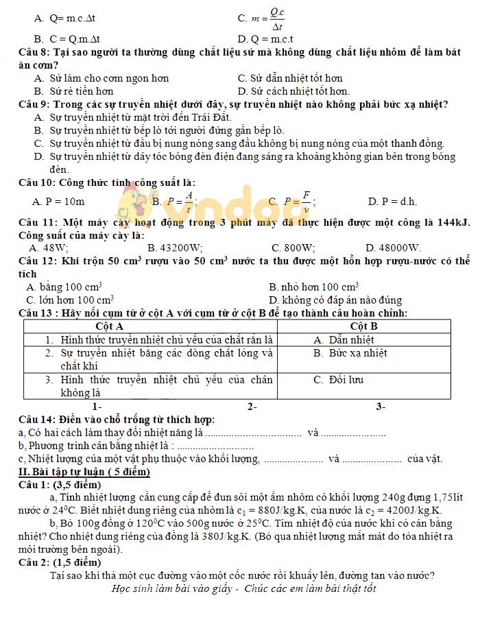 Đề thi học kì 2 lớp 8 môn Vật lý trường THCS Đình Xuyên năm học 2018 - 2019
