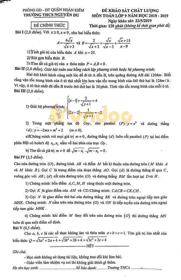 Đề thi KSCL lớp 9 môn Toán trường THCS Nguyễn Du, Hoàn Kiếm năm học 2018 - 2019