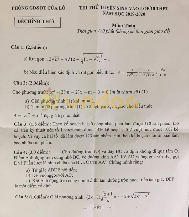 Đề thi thử vào lớp 10 môn Toán Phòng GD&ĐT Cửa Lò năm học 2019 - 2020