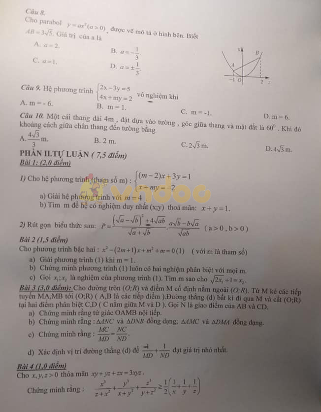 Đề thi thử vào lớp 10 môn Toán trường THCS Phú Lộc năm học 2019 - 2020 (lần 2)