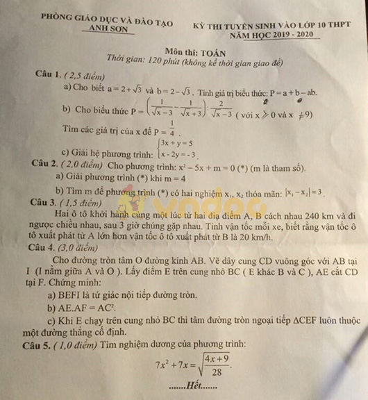 Đề thi tuyển sinh vào lớp 10 môn Toán Phòng GD&ĐT Anh Sơn năm học 2019 - 2020