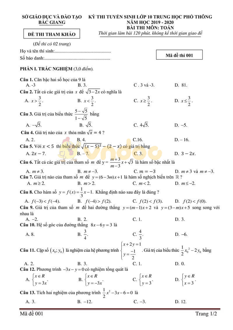 Đề thi tuyển sinh vào lớp 10 môn Toán Sở GD&ĐT Bắc Giang năm học 2019 - 2020