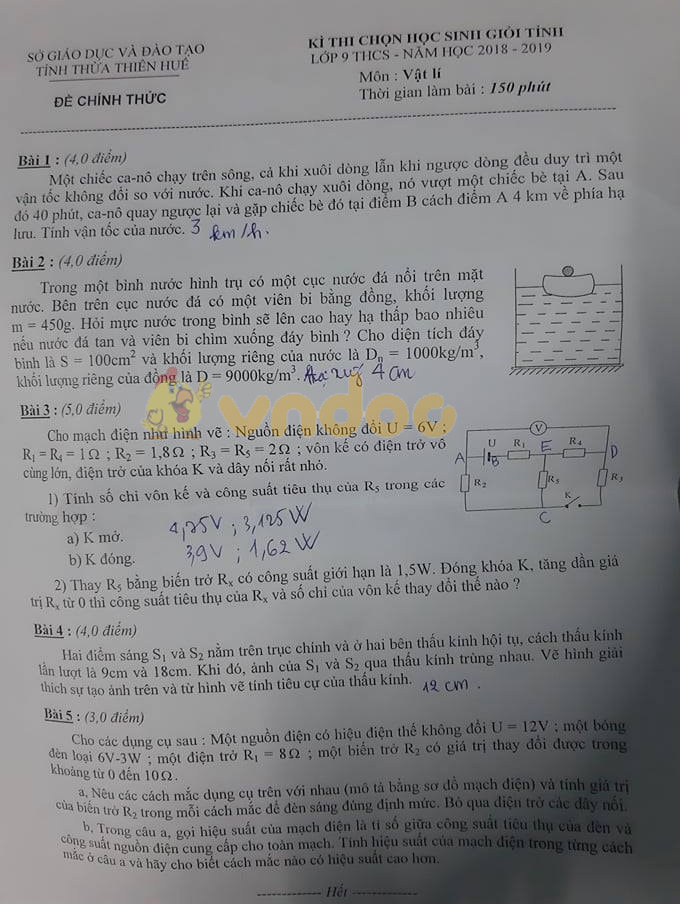 Đề thi chọn học sinh giỏi cấp tỉnh lớp 9 môn Vật lý Sở GD&ĐT Thừa Thiên Huế năm học 2018 - 2019