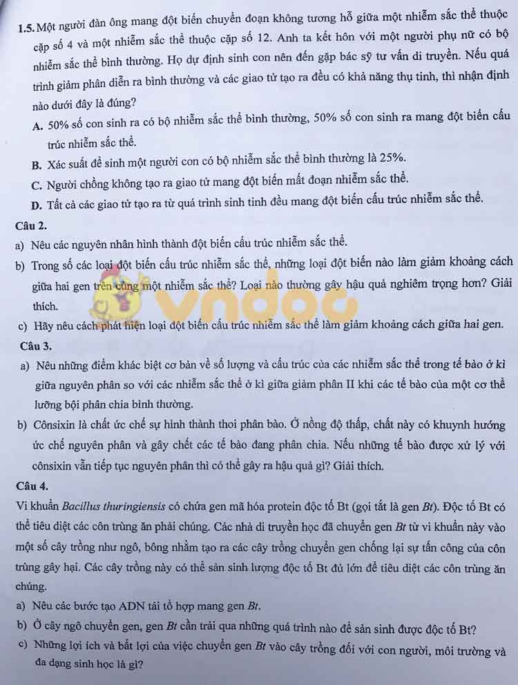 Đề thi tuyển sinh vào lớp 10 môn Sinh học Trường THPT Chuyên KHTN, Hà Nội năm học 2019 - 2020