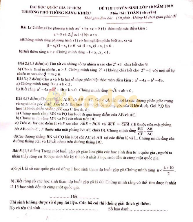 Đề thi tuyển sinh vào lớp 10 môn Toán trường Phổ Thông Năng Khiếu, Thành Phố Hồ Chí Minh năm học 2019 - 2020 (chuyên)