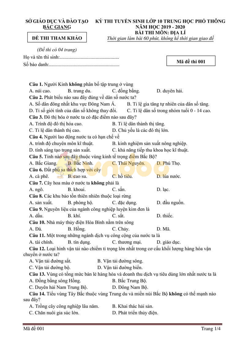Đề thi tham khảo vào lớp 10 môn Địa lý Sở GD&ĐT Bắc Giang năm học 2019 - 2020