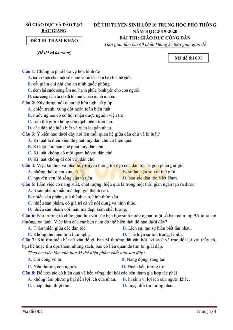 Đề thi tham khảo vào lớp 10 môn GDCD Sở GD&ĐT Bắc Giang năm học 2019 - 2020