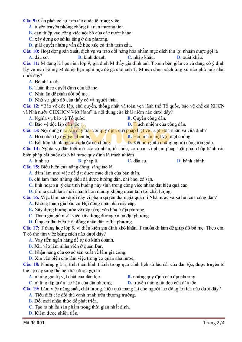 Đề thi tham khảo vào lớp 10 môn GDCD Sở GD&ĐT Bắc Giang năm học 2019 - 2020