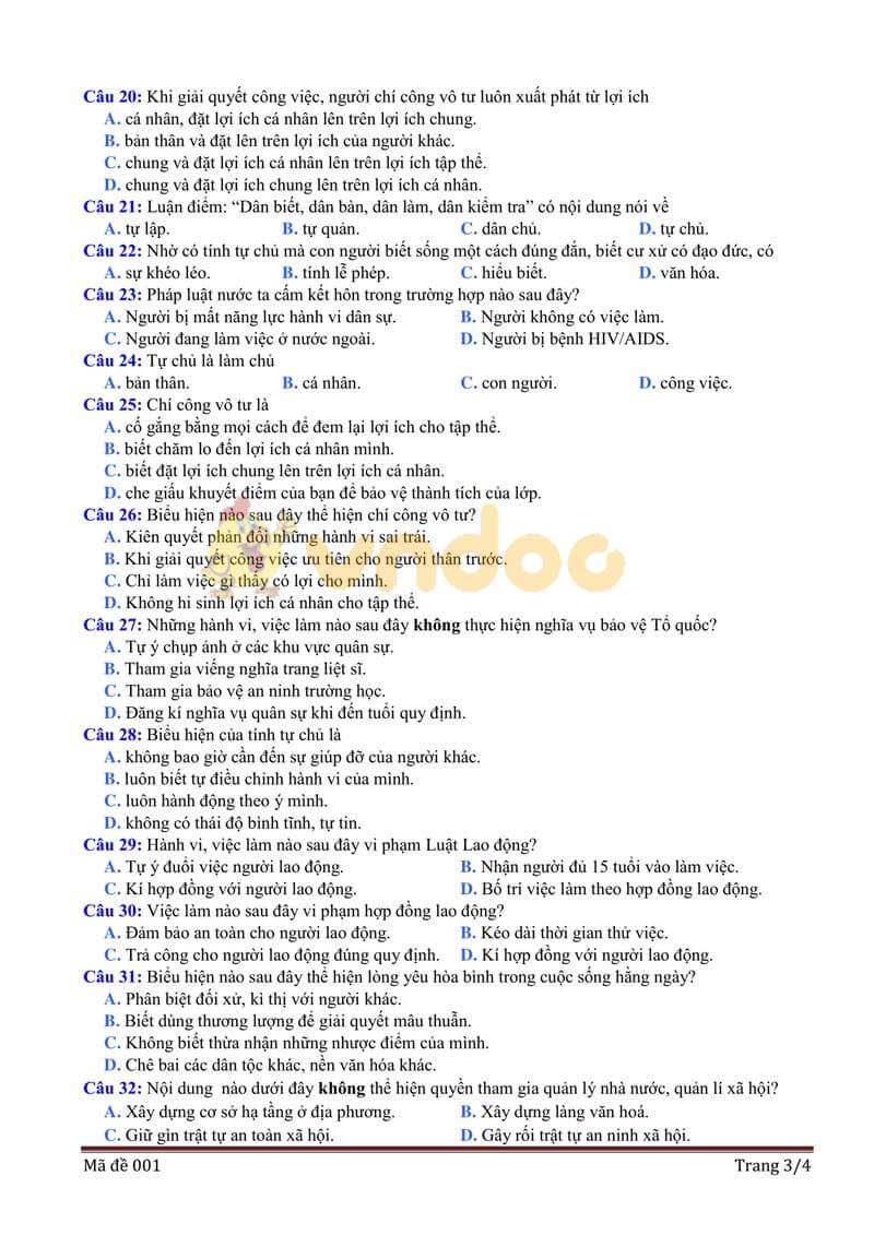 Đề thi tham khảo vào lớp 10 môn GDCD Sở GD&ĐT Bắc Giang năm học 2019 - 2020